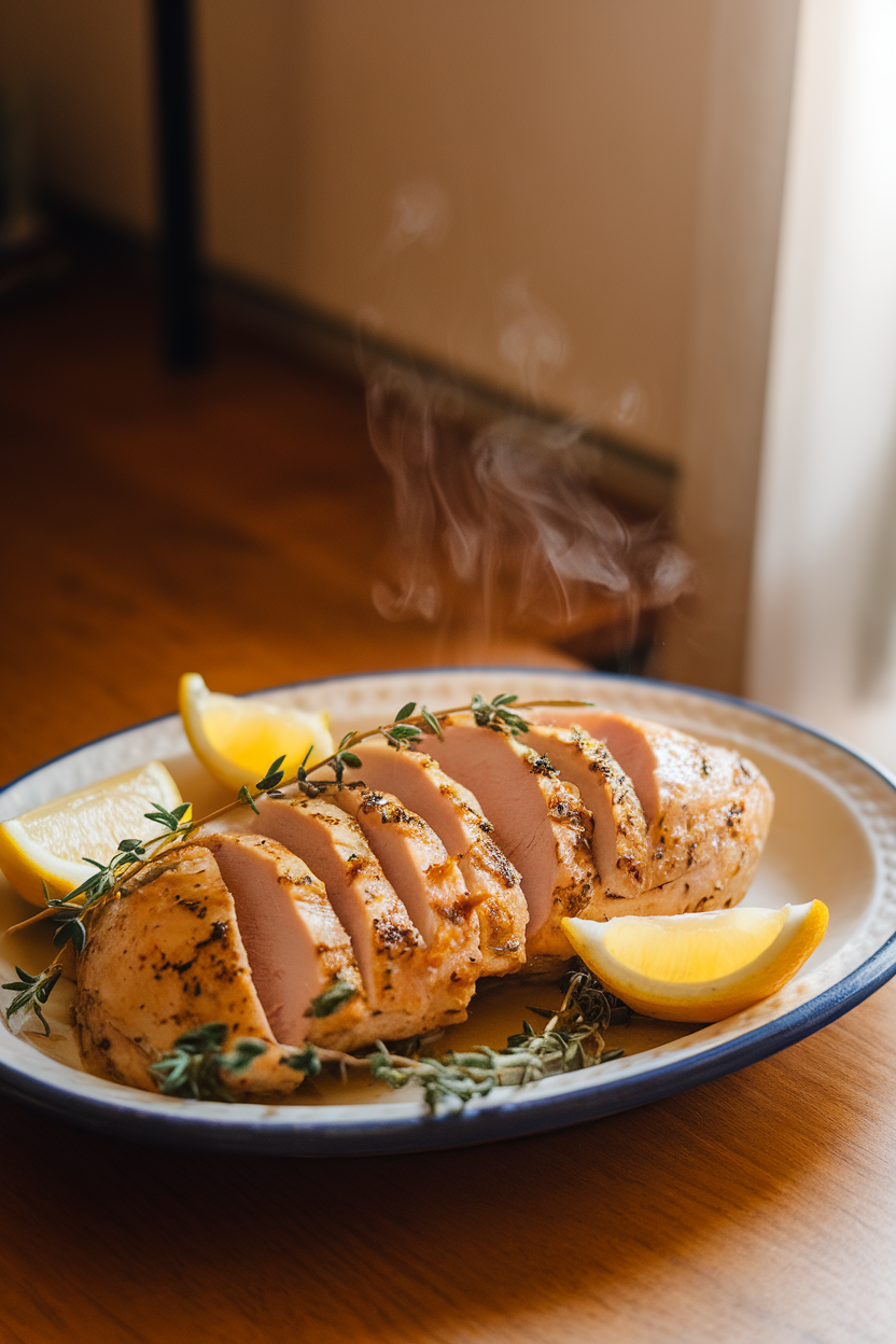 A warmly lit indoor kitchen table featuring a ceramic plate of sliced lemon-herb chicken breast garnished with thyme sprigs and lemon wedges. Steam rises gently from the meat. No text or logos visible. Photo, not illustration.