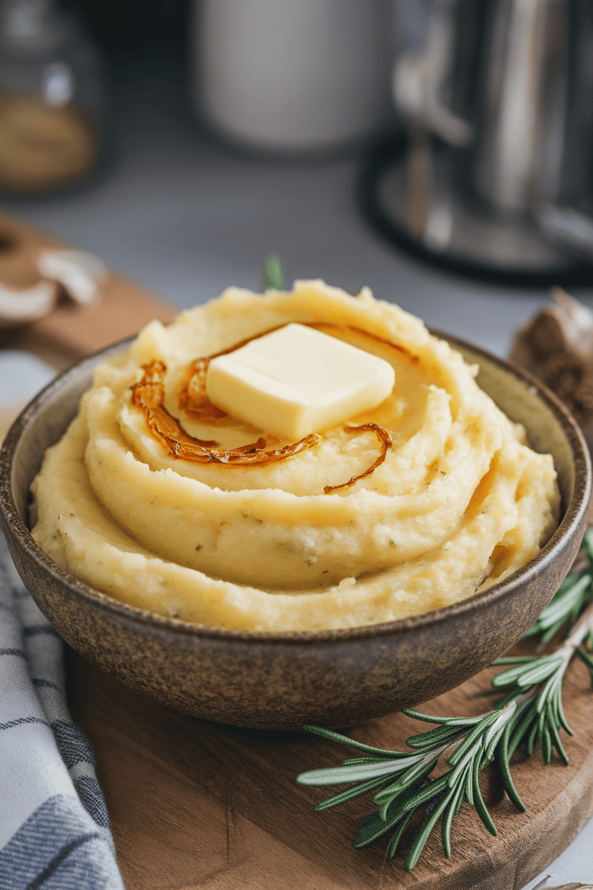 An indoor serving bowl filled with creamy mashed potatoes swirled with roasted garlic, a pat of butter melting on top. No text or logos; photo.