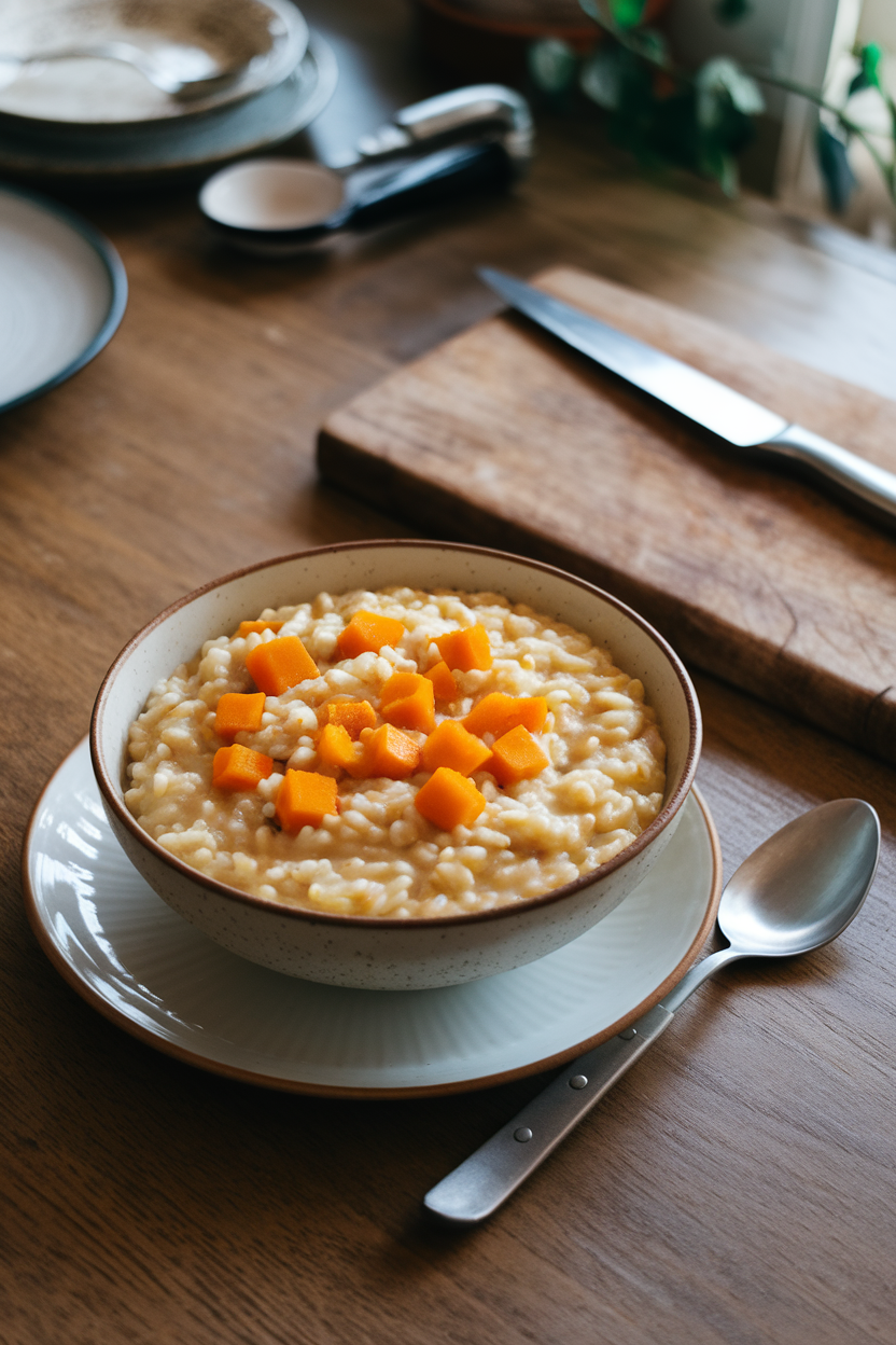 An indoor dining table featuring a bowl of creamy risotto speckled with orange cubes of butternut squash, a spoon resting beside; no text or logos. Photo.</Prompt