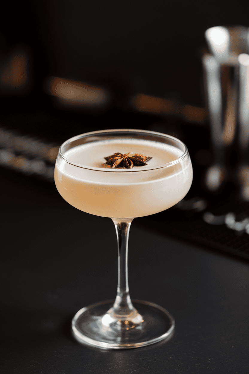 Indoor craft bar with coupe glass of pale ivory cocktail, single star anise floating, black backdrop; no logos, photo.