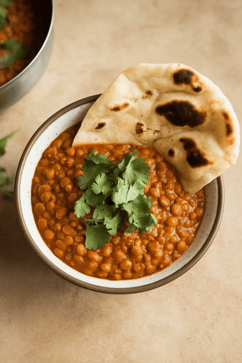 Indoor photo of a small bowl of thick red lentil dal sprinkled with fresh cilantro and served with a wedge of naan, no logos.