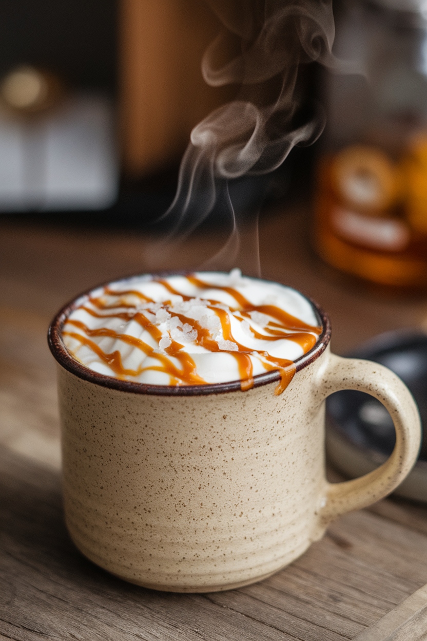 Photo of a ceramic mug indoors, creamy white hot chocolate topped with glossy caramel drizzle and sea salt flakes, a splash of whiskey steam visible. No text or logos.