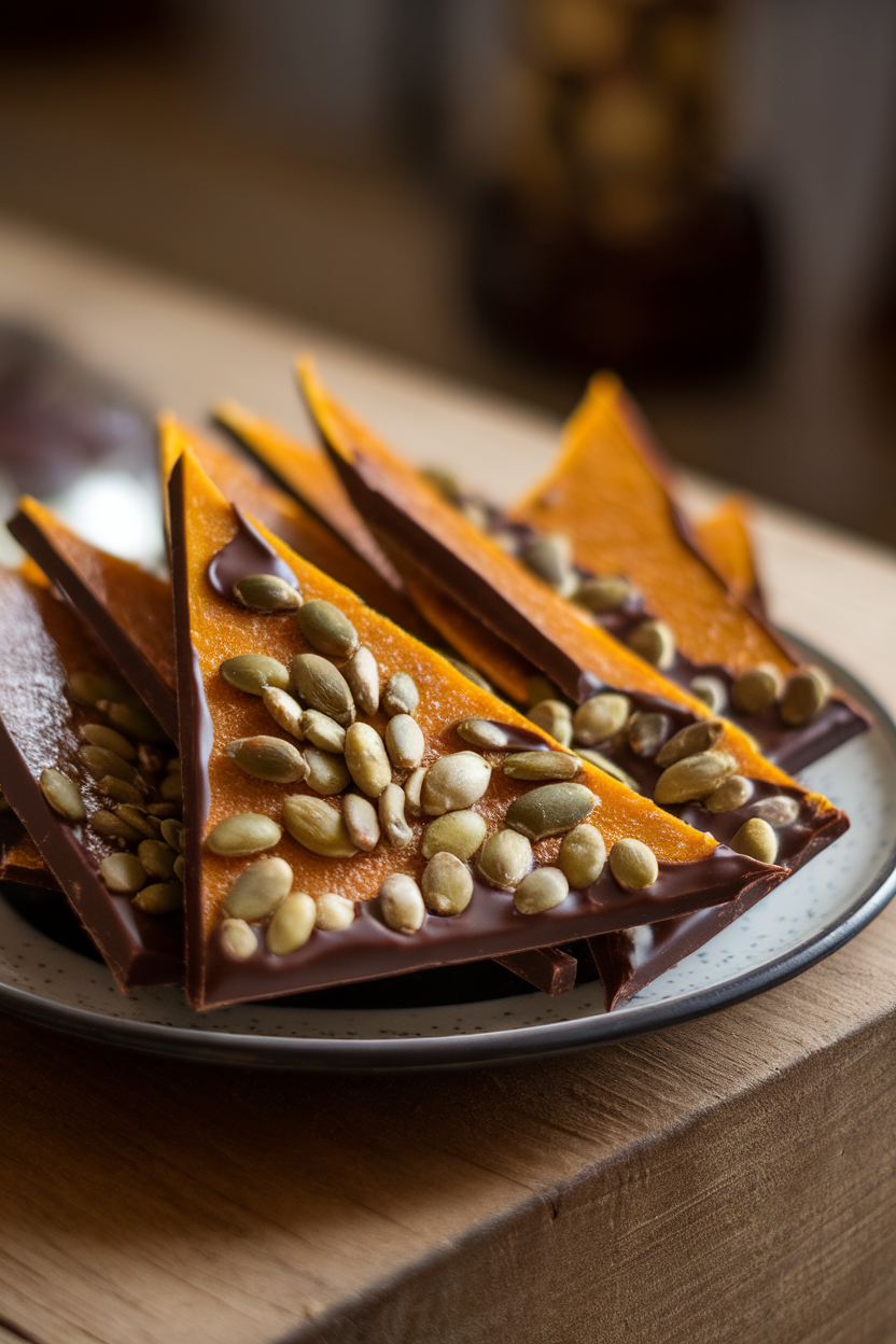 Indoor plate of thin brittle shards with pumpkin seeds and half-dipped in dark chocolate, glossy surface catching light. No logos or text. Photo only.