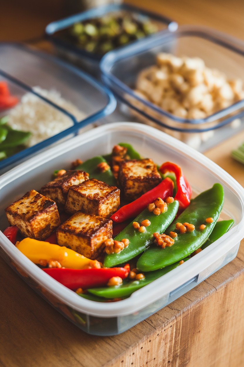 An indoor tabletop featuring a meal-prep box of browned tofu cubes, colorful bell peppers, and snow peas in a glossy chili-garlic sauce. No text or logos present; photo only.