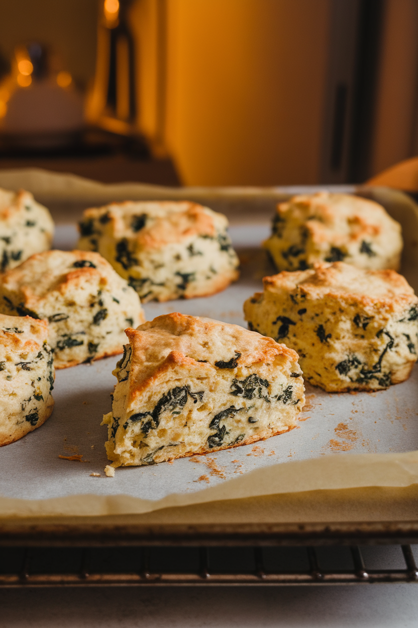 Indoor photo of savory scones studded with spinach and feta on a parchment-lined baking tray, one broken open to show a fluffy interior. Warm kitchen light, no text or logos.