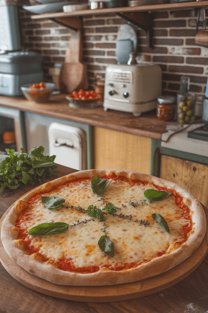 Indoor herb-filled kitchen scene of a pizza covered in fresh basil, oregano, and parsley leaves arranged like spell ingredients. No text or logos.