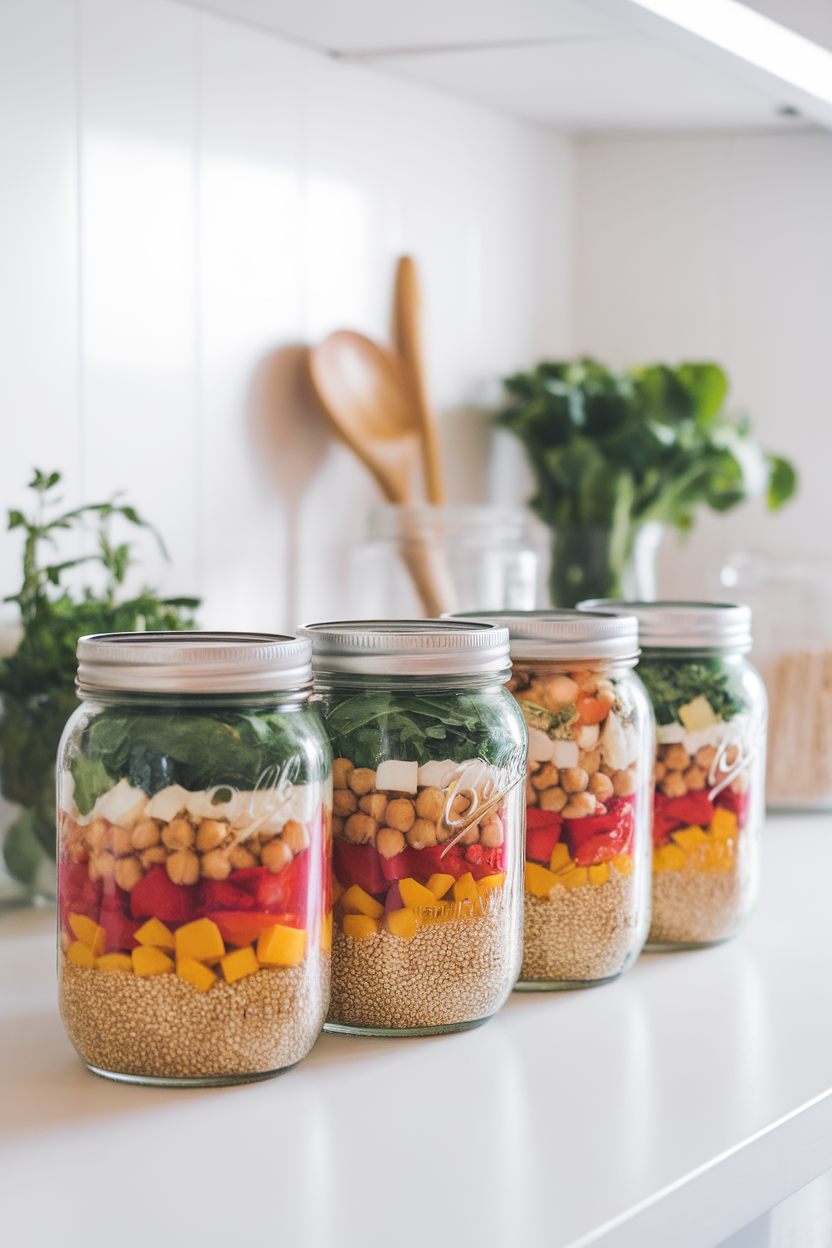 A bright indoor kitchen counter featuring several mason jars layered with colorful vegetables, chickpeas, quinoa, and leafy greens. No text or logos visible; photo only.