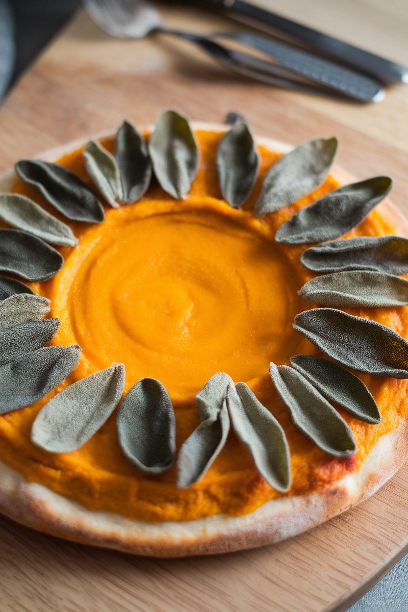 A pizza whose bright orange butternut squash purée forms a round harvest moon shape in the center, ringed by crispy sage leaves. Indoor photo, no text or logos.