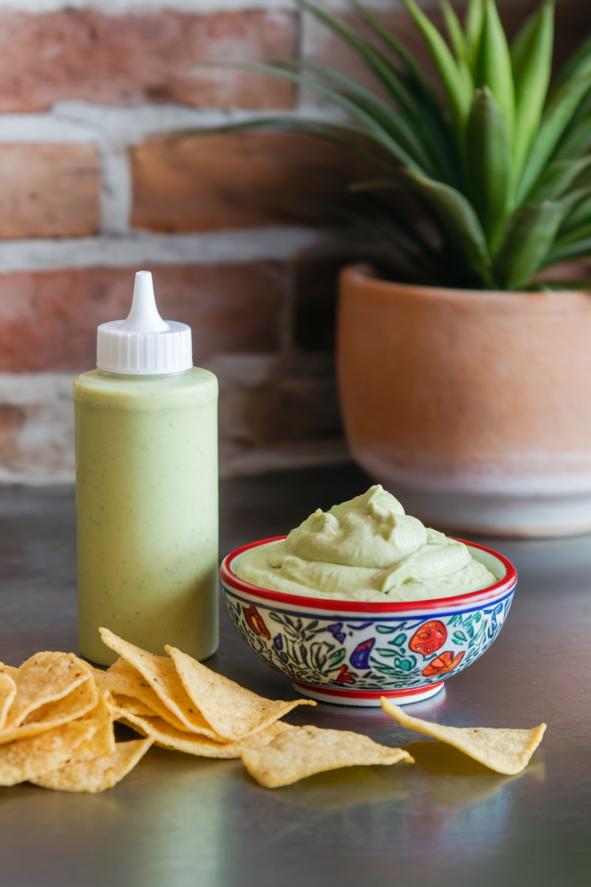 An indoor taquería-style setup showing a squeeze bottle beside a bowl of pale green avocado lime crema, tortilla chips scattered. Photo, no text or logos.