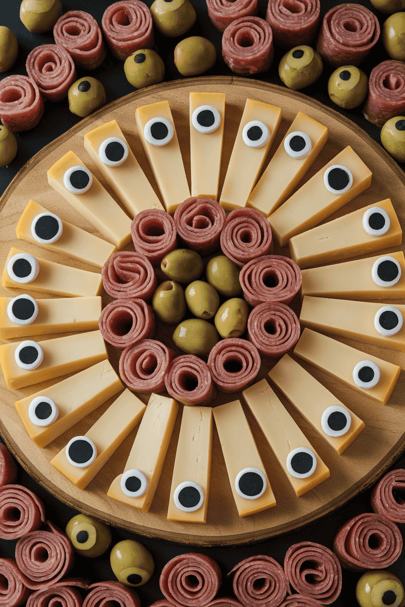 Indoor wooden board with an assortment of cheeses cut into monster shapes, sliced meats rolled into roses, olive eyeballs scattered about. No logos or text.