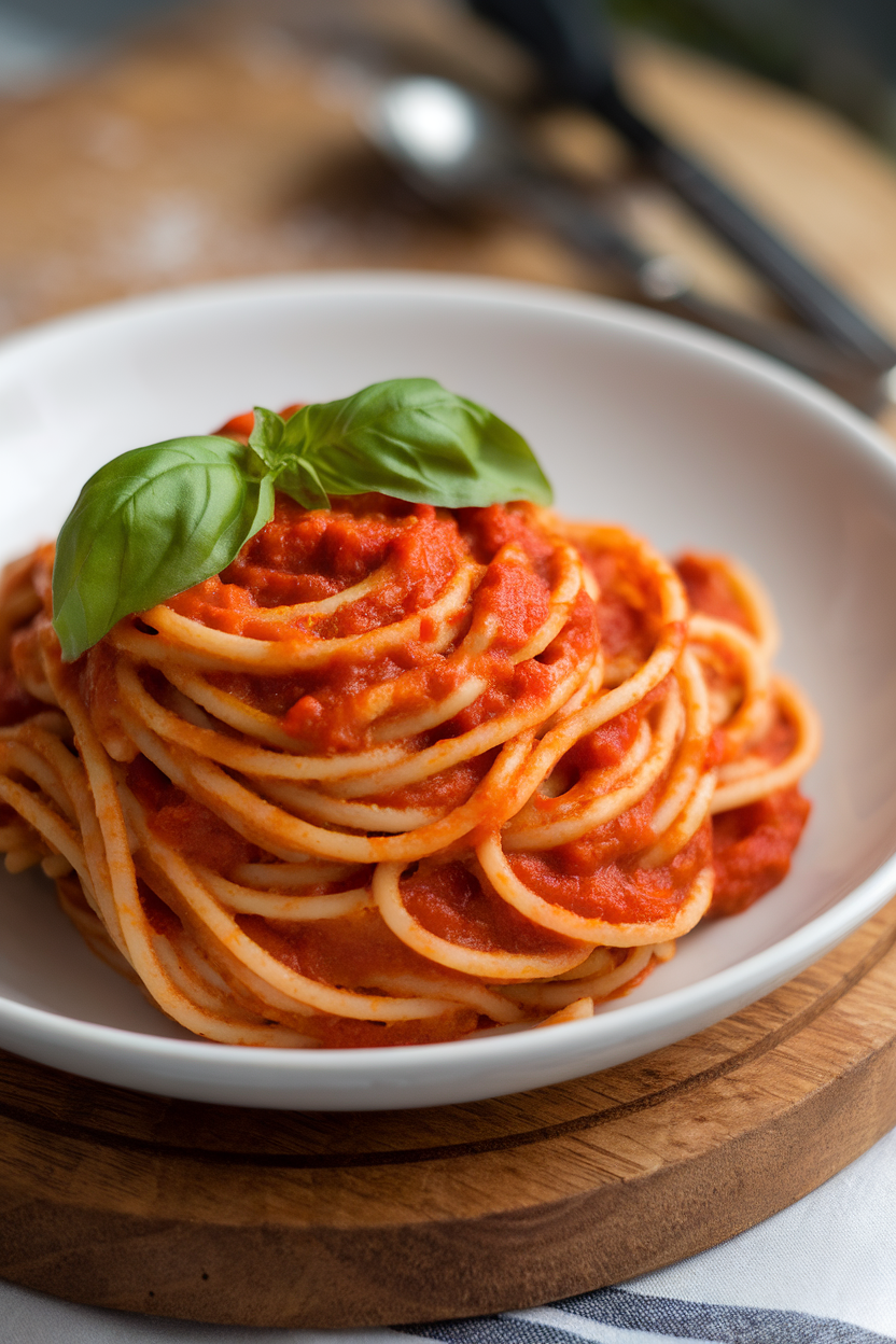 Indoor photo of a bowl of cooked whole-wheat spaghetti twirled with tomato-basil sauce; no text or logos