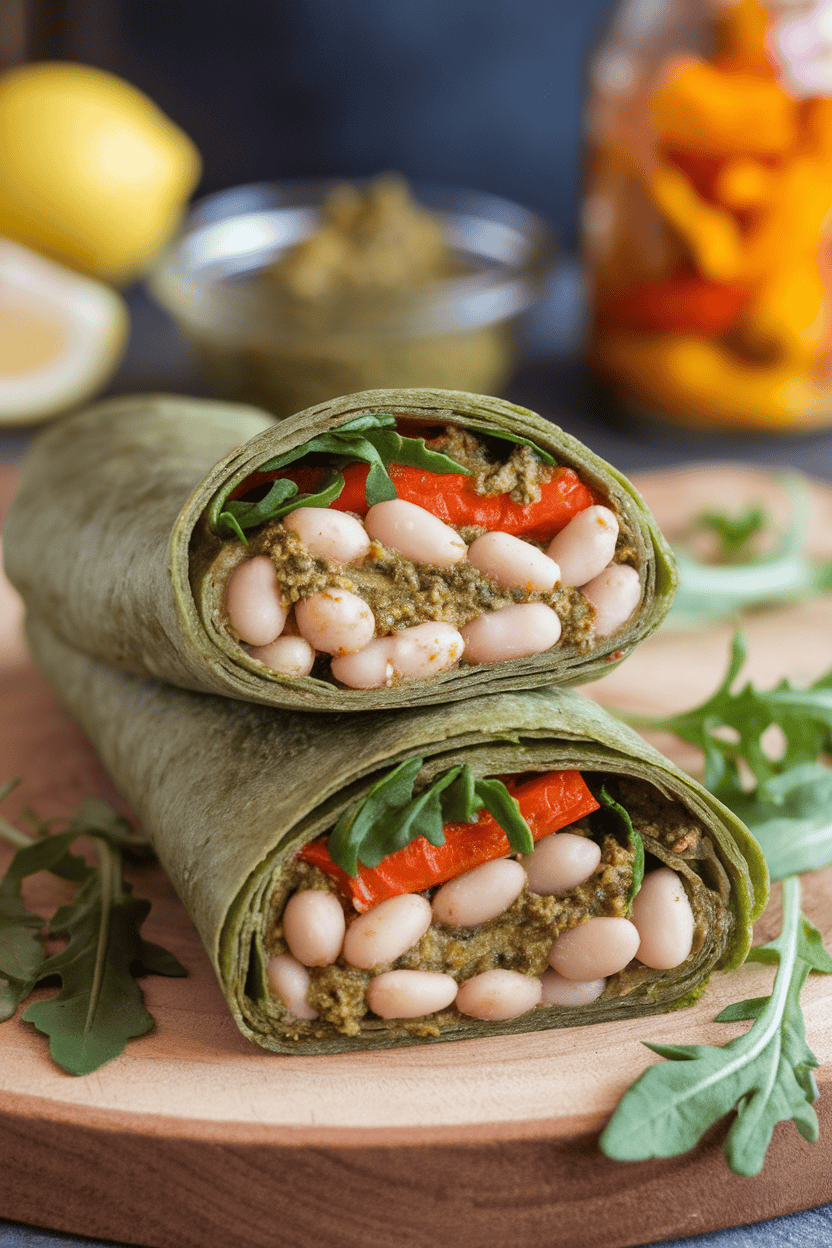 Indoor image of a sliced spinach tortilla wrap revealing white beans mixed with pesto, arugula, and roasted peppers. No text or logos.