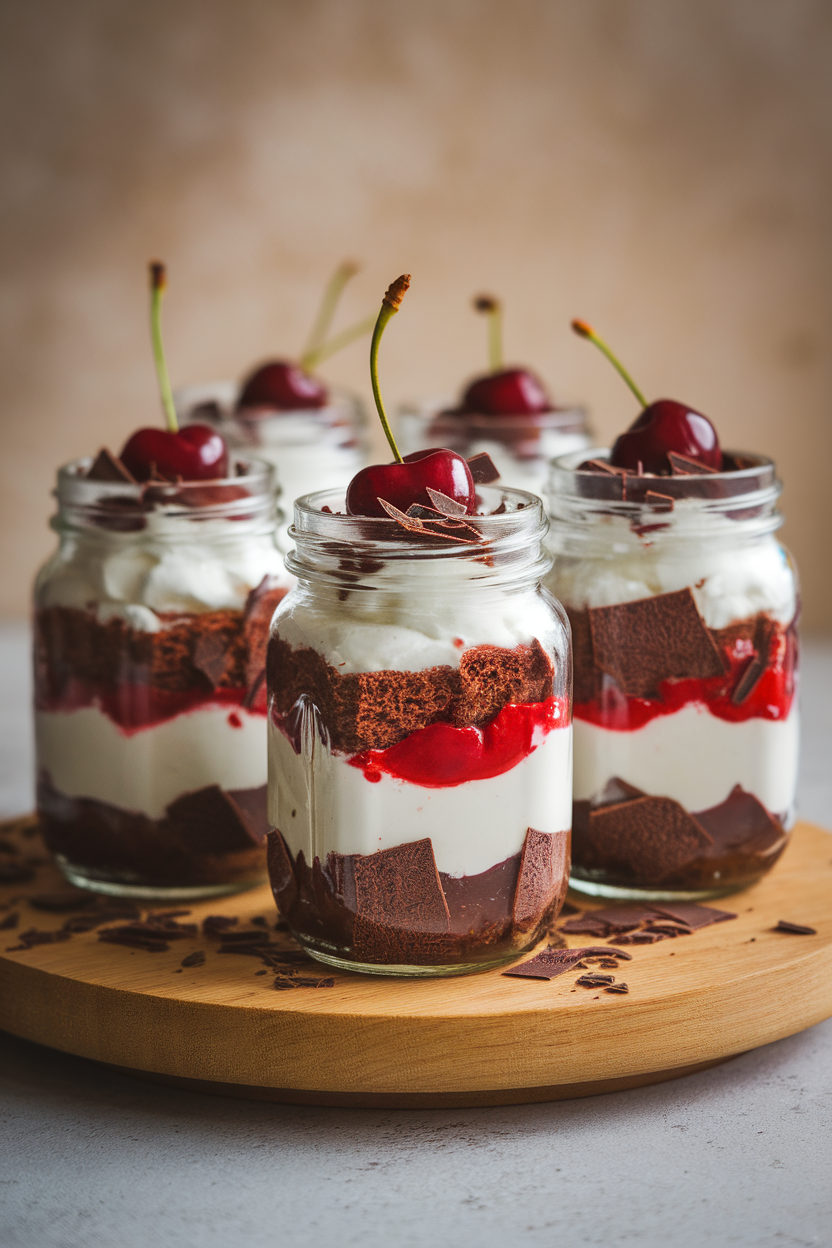 Photo of small mason jars layered with chocolate cake cubes, cherry filling, whipped cream, and dark chocolate shavings, indoors, no logos or text.