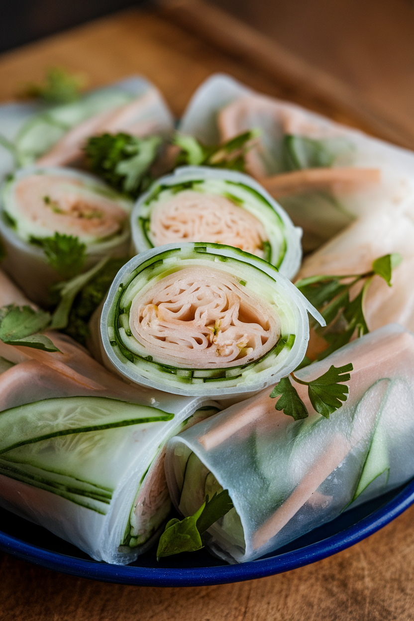 Indoor platter of translucent rice paper rolls stuffed with thin cucumber and cooked rice noodles, cut in half to show filling. No text or logos; photo only.