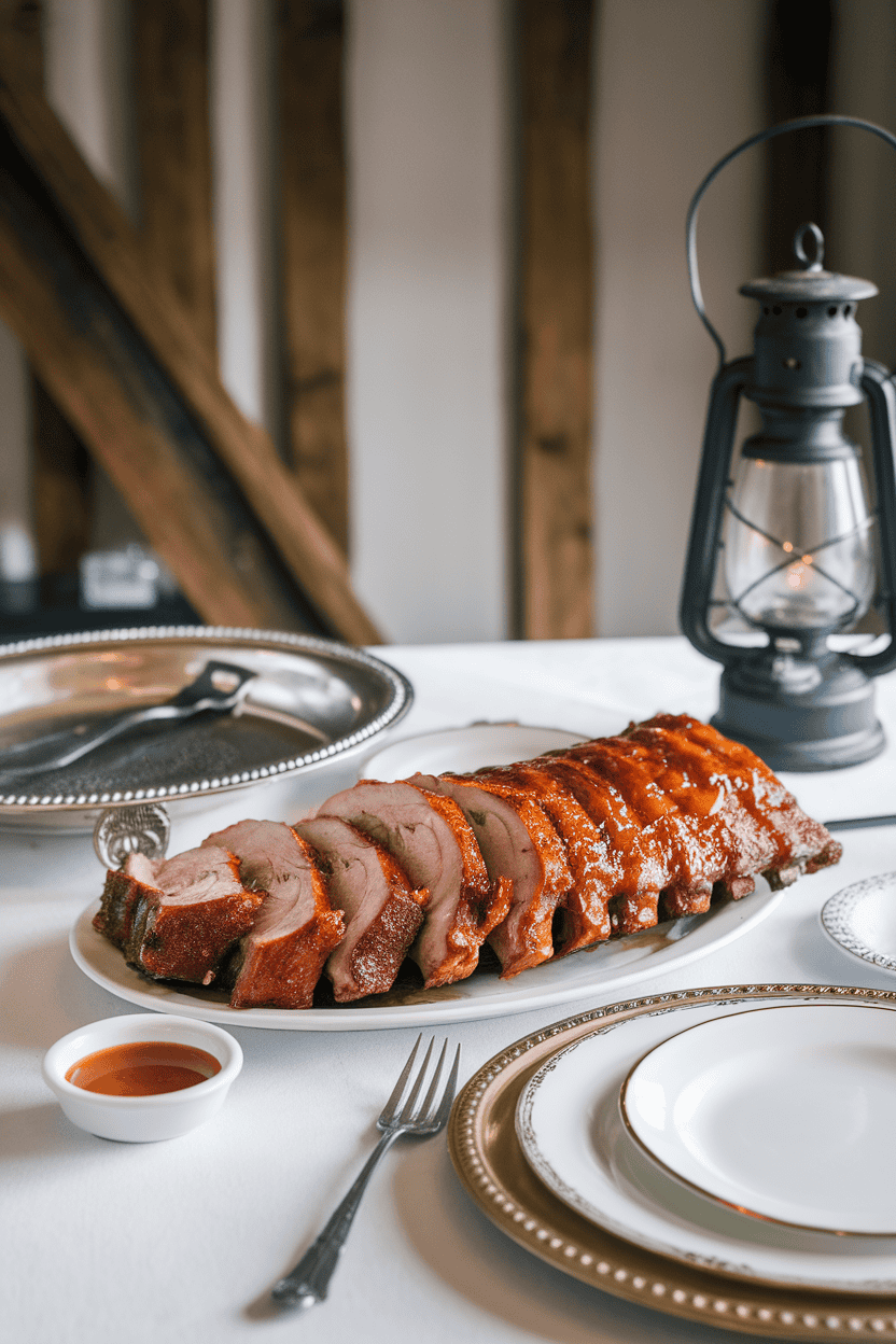 An indoor dining table featuring a rack of fully cooked pork ribs brushed with sticky honey garlic glaze, sliced into portions. No text or logos; photo.