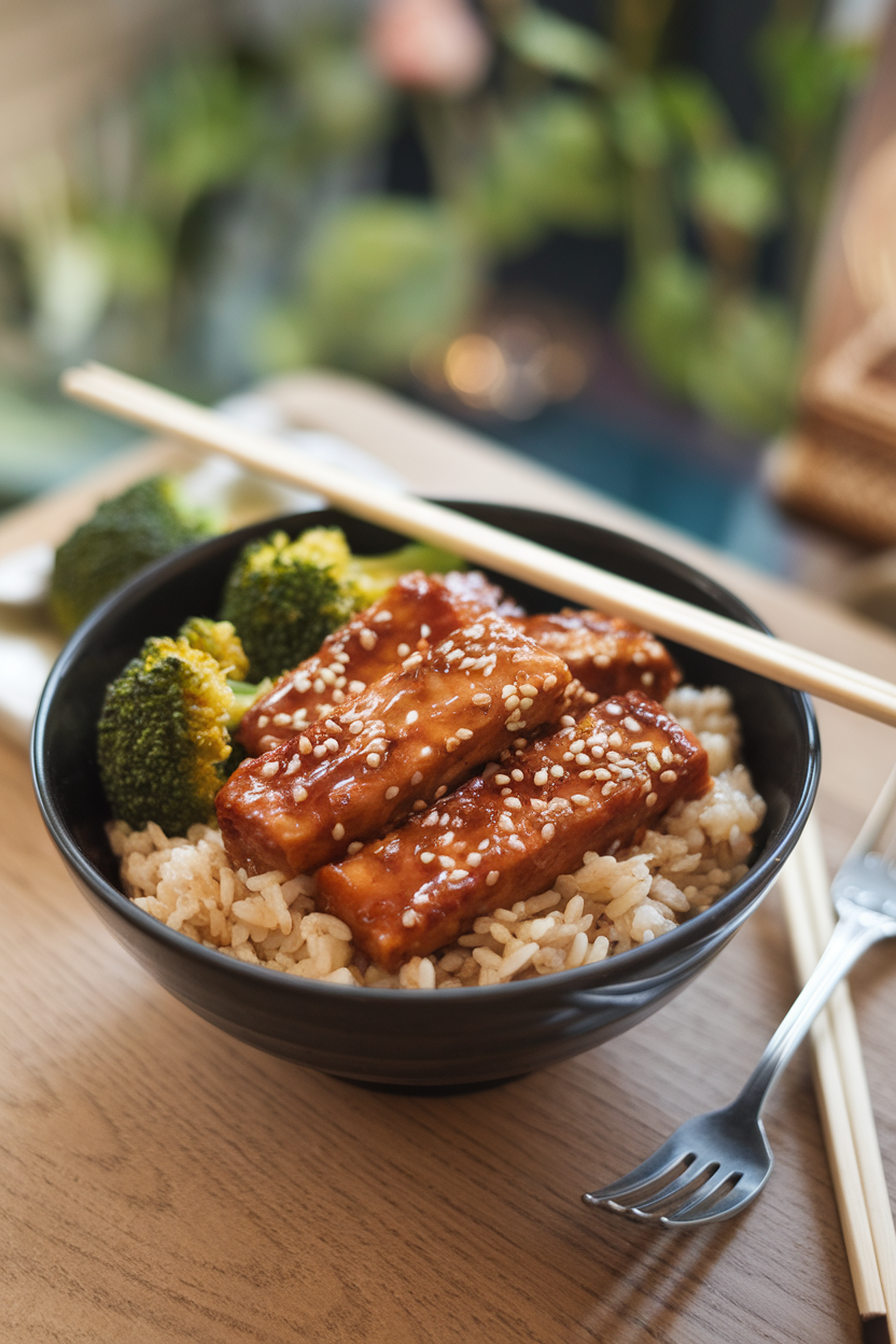 An indoor tabletop view of brown rice topped with glazed tempeh strips, steamed broccoli, and sesame seeds. No text or logos; photo only.