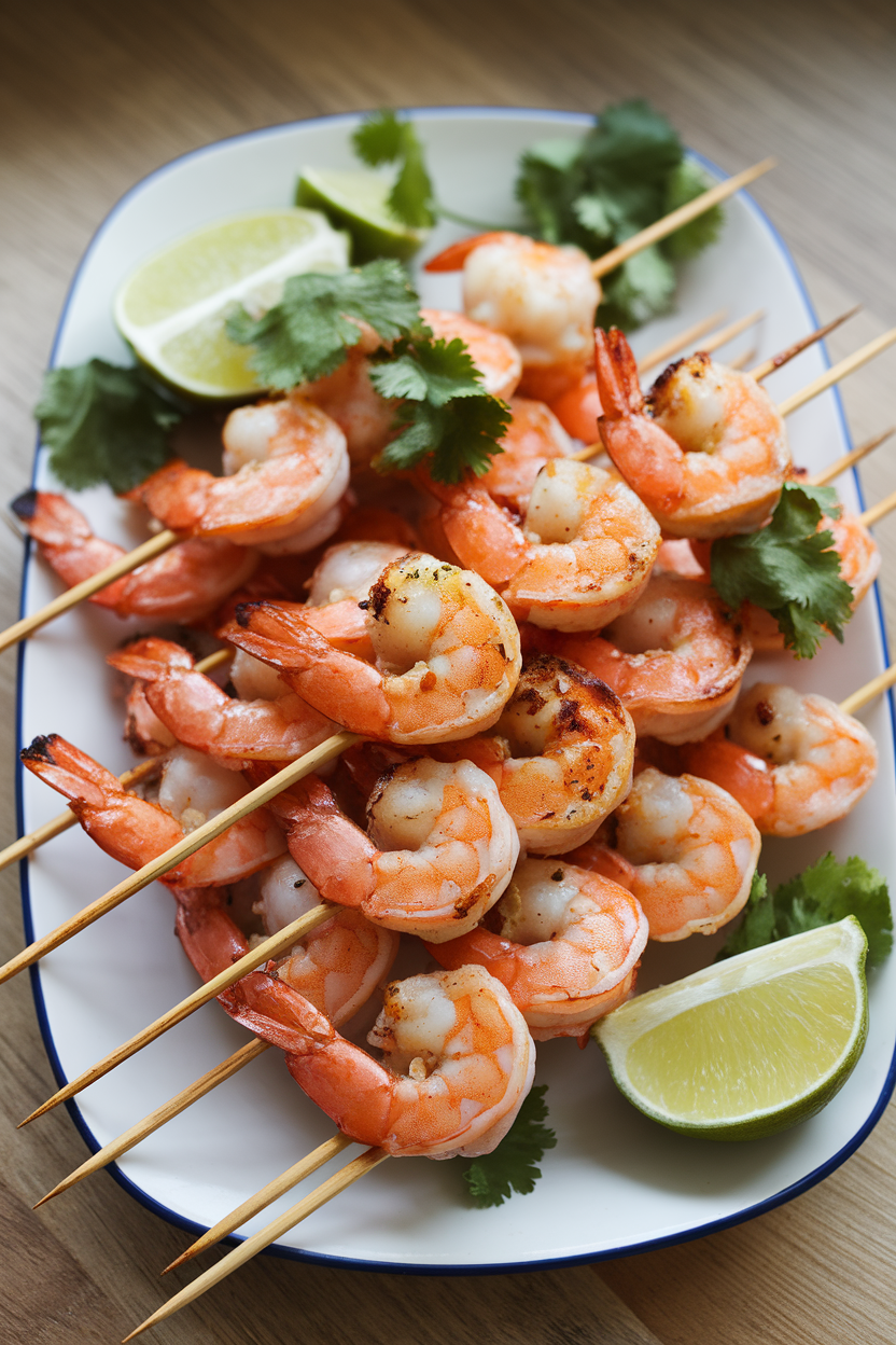 Indoor platter holding cooked shrimp skewers garnished with lime wedges and cilantro, grill marks visible. No text or logos.