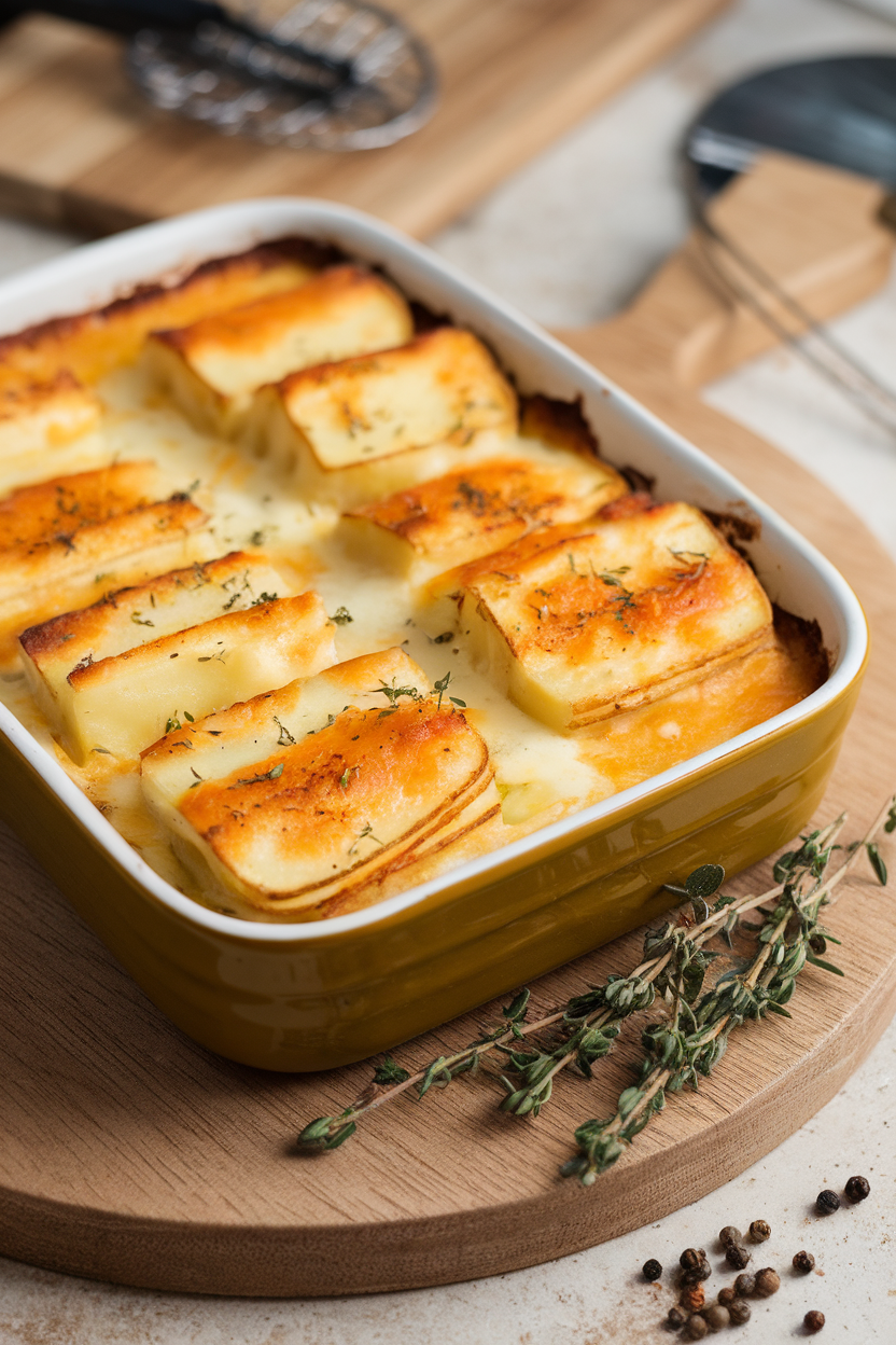 An indoor casserole dish with layered scalloped potatoes bubbling in a cheesy sauce, no text or logos. Photo.</Prompt