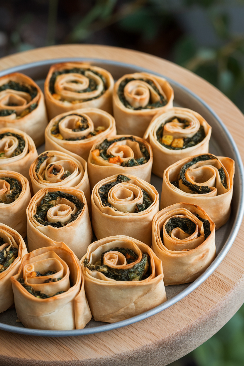 An indoor tray of golden baked phyllo spirals filled with chickpea and spinach mixture, cut ends showing swirls. No text or logos; photography only.