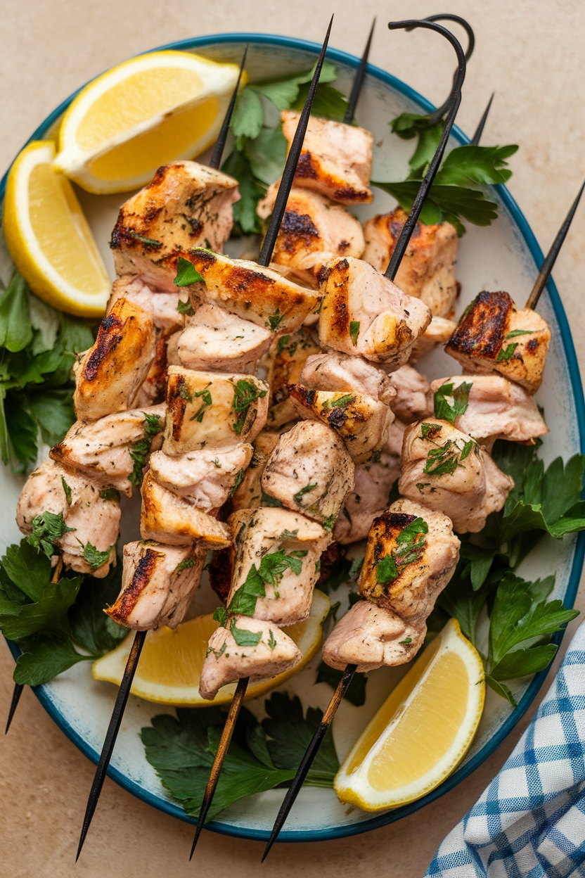 Indoor photo of skewered chicken pieces grilled and placed on a platter, garnished with lemon wedges and parsley, yogurt marinade visible on edges. No text or logos.
