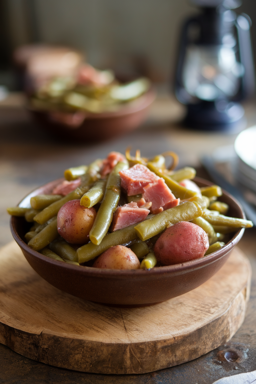 Indoor bowl of slow-cooked green beans mixed with small red potatoes and bits of ham, no text or logos. Photo.