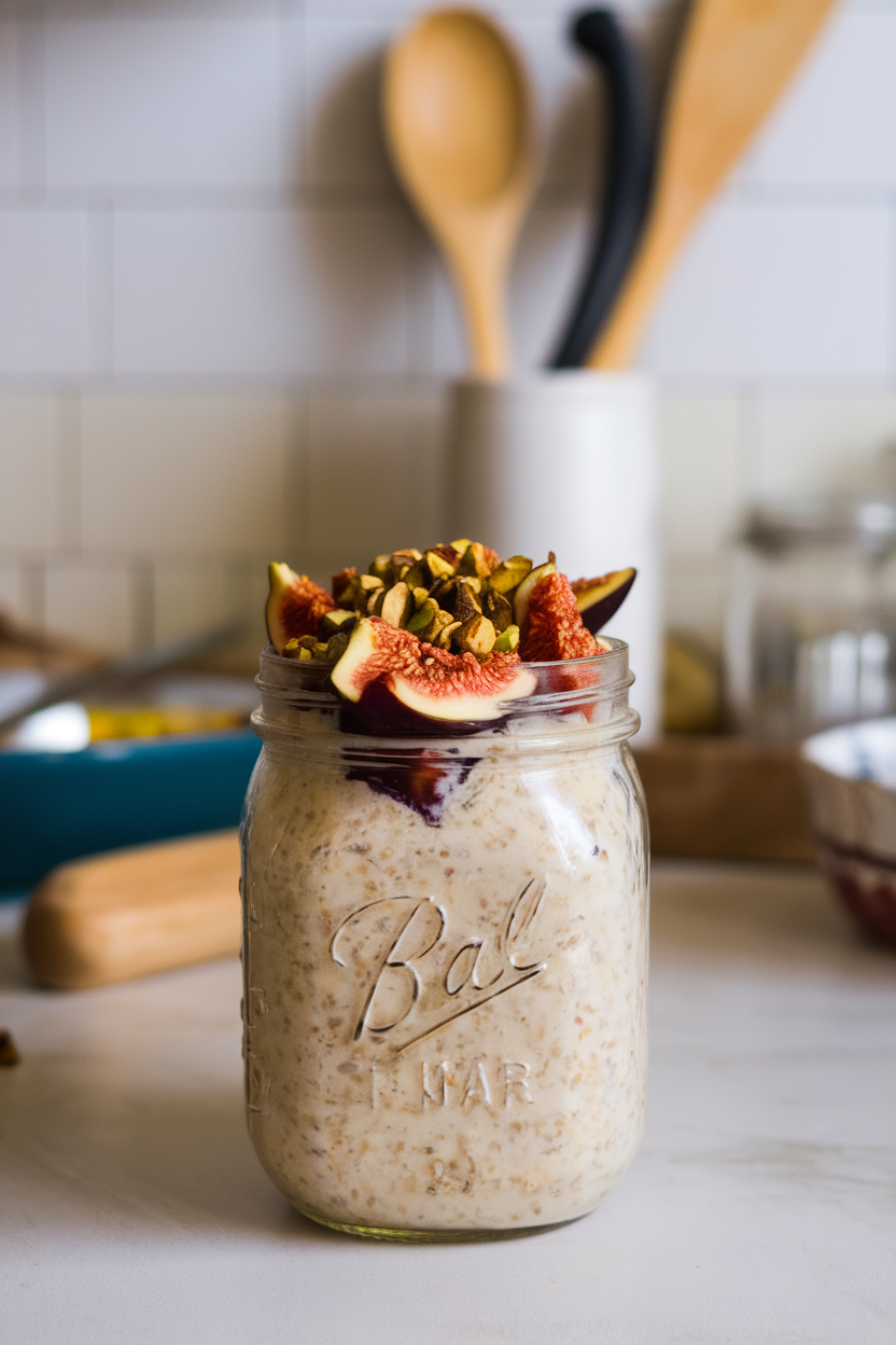 A mason jar on an indoor countertop filled with creamy overnight oats, topped with chopped figs, pistachios, and a swirl of honey. No text or logos anywhere.