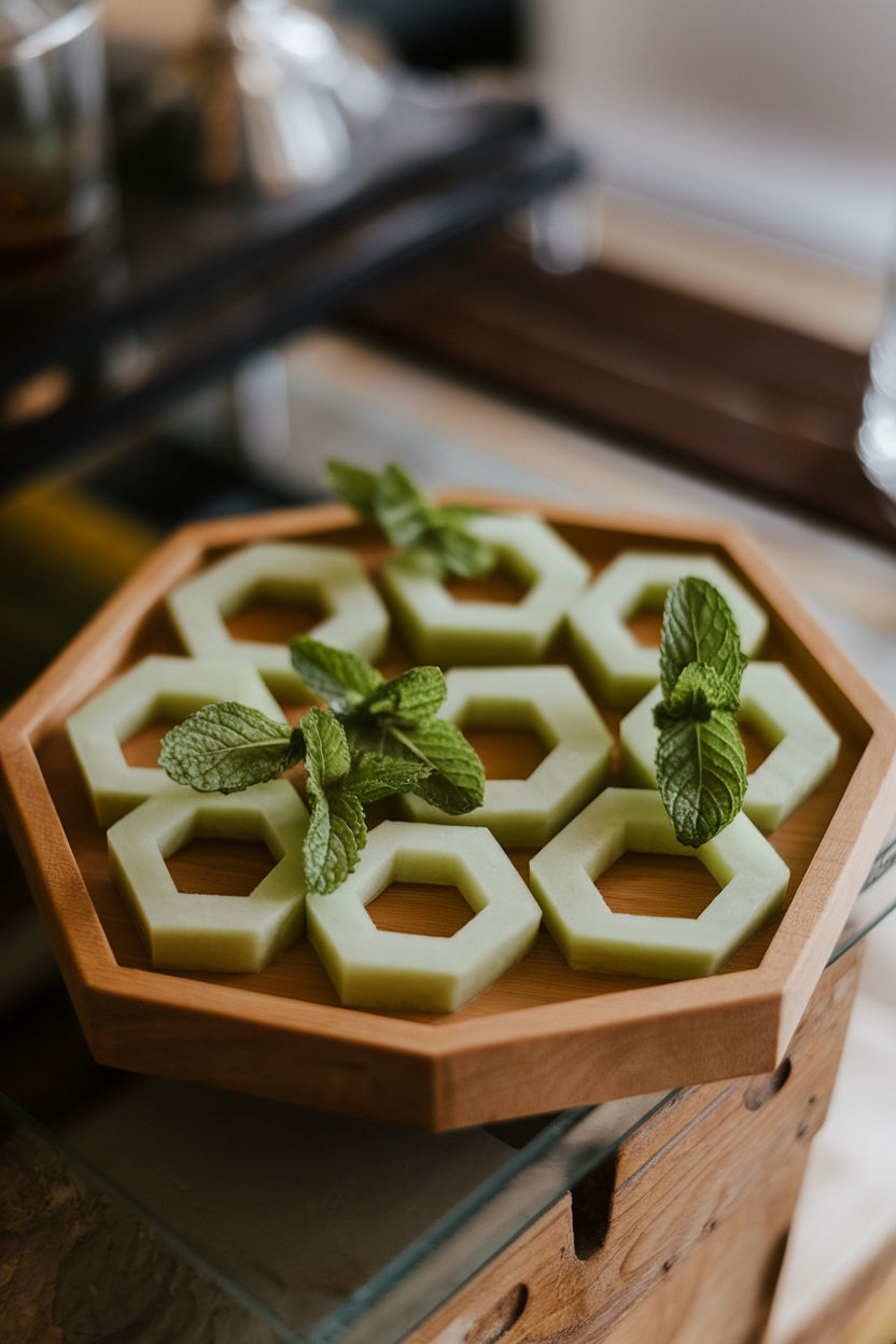 A hexagon wooden tray indoors lined with honeydew slices shaped into hexagons, fresh mint scattered for accent. No text or logos.