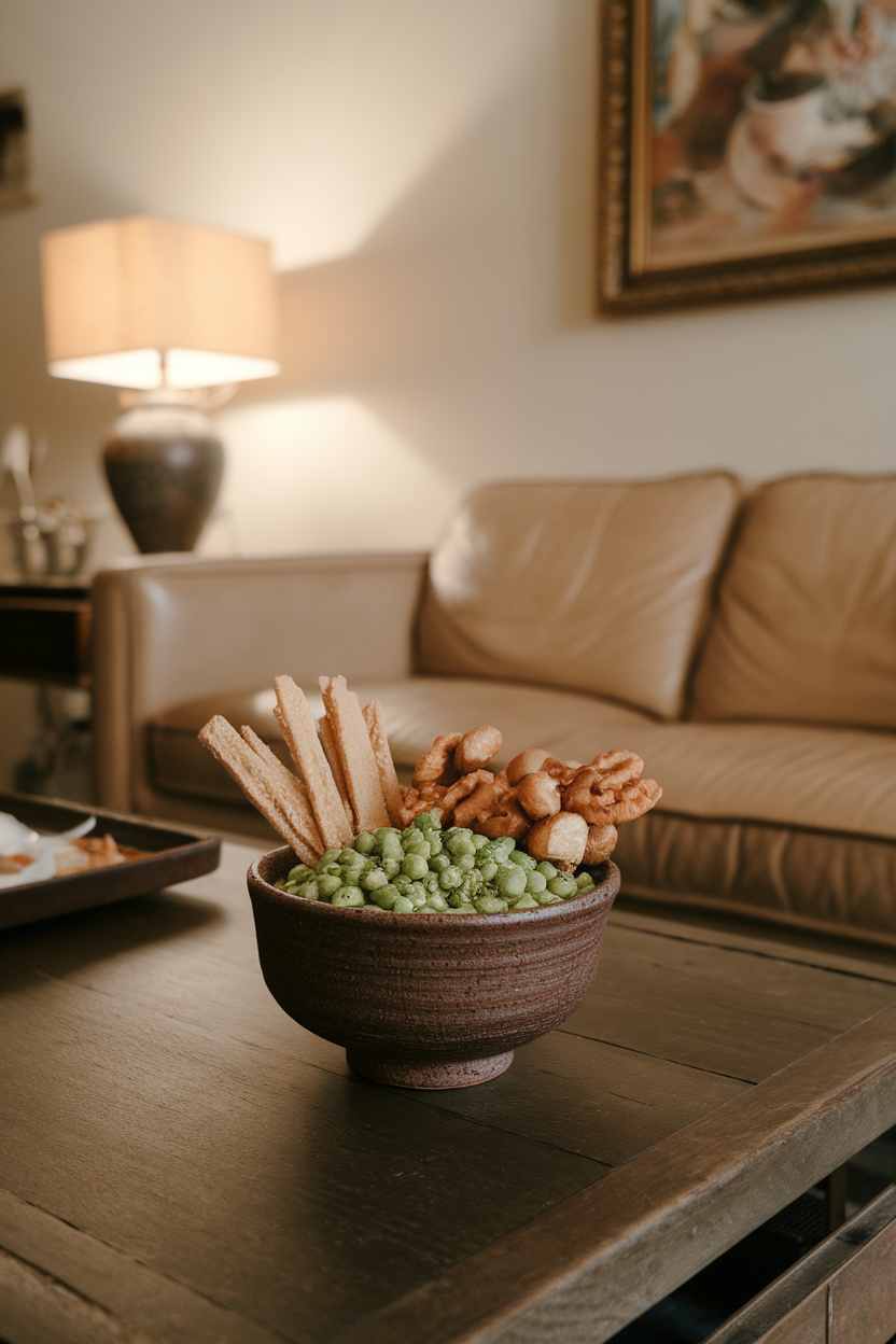 A ceramic bowl filled with wasabi peas, sesame sticks, and toasted nuts, set on an indoor coffee table. Photo, no text or logos.