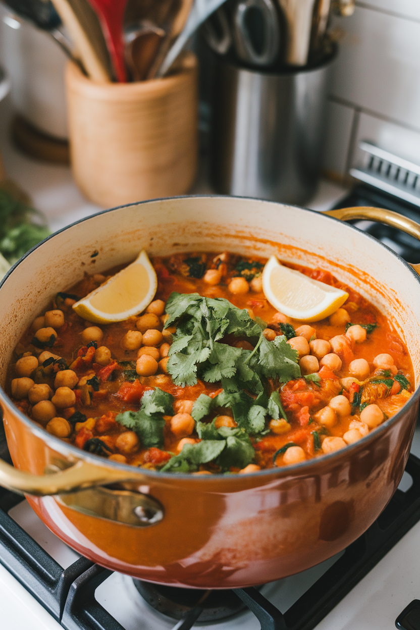 An indoor stovetop photo of a pot of cooked harissa chickpea stew, garnished with cilantro and lemon wedges, no text or logos.