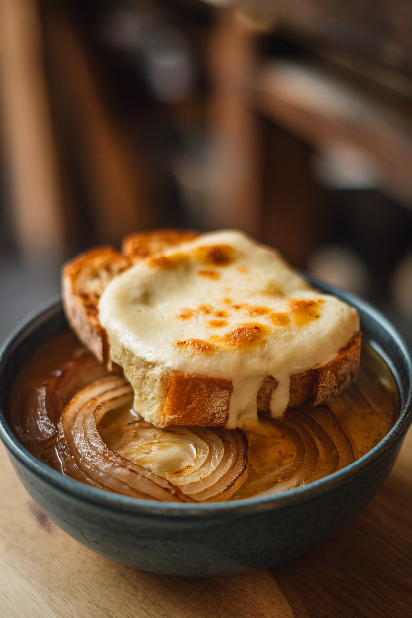 Indoor photo of a crock of French onion soup topped with toasted baguette slices and melted Gruyère, cheese slightly blistered. Soft ambient lighting, no text or logos.