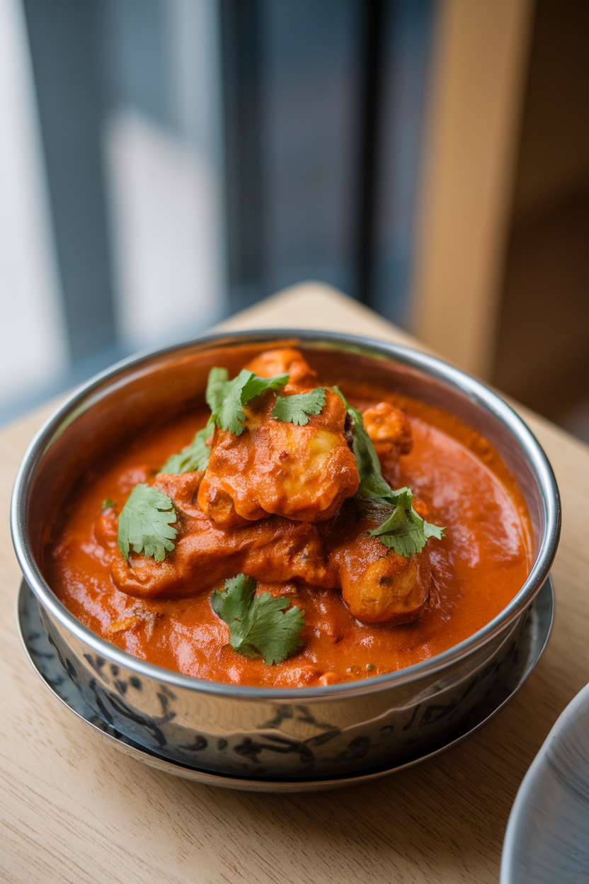 Indoor bowl of chicken tikka masala, rich tomato-cream sauce coating chicken pieces, cilantro garnish. No logos. Photo.