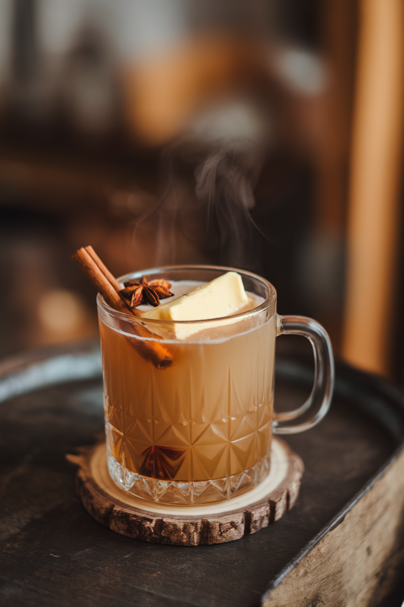 Photo of a clear glass mug indoors, containing steaming hot buttered rum with a pat of melting spiced butter floating on top. No text or logos present.