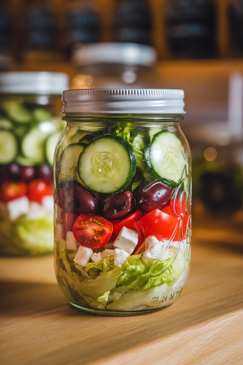 Photo of a neatly layered mason jar salad indoors on a wooden counter—starting with vinaigrette, then cucumbers, cherry tomatoes, olives, feta, and romaine on top. Warm kitchen lighting, no text or logos in view.