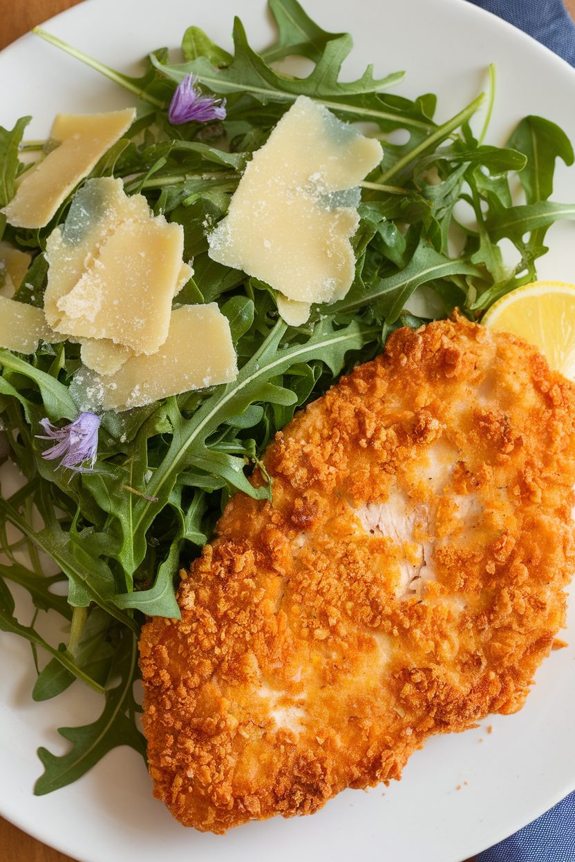 Indoor plate showing golden panko chicken cutlet beside a lemon-dressed arugula salad with shaved Parmesan. No text or logos.