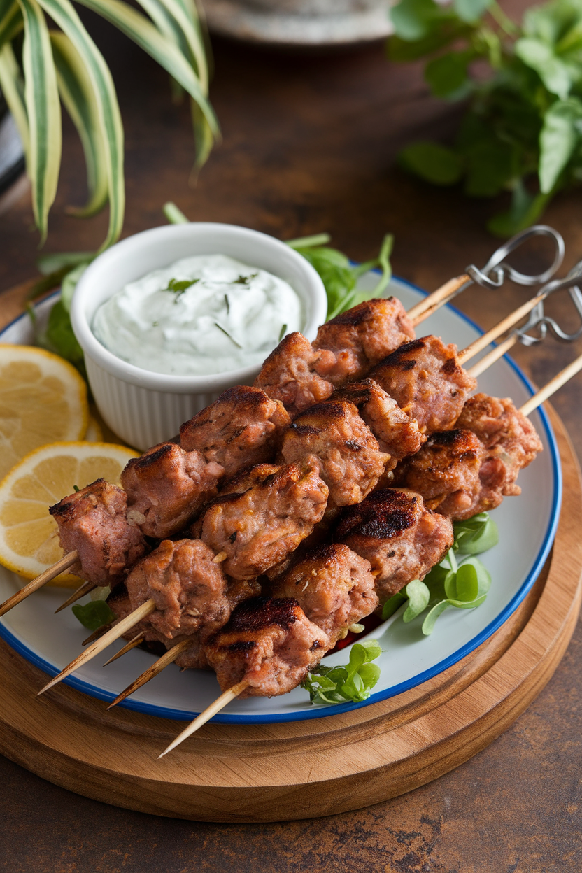 An indoor platter with skewered turkey kofta, grill marks visible, accompanied by a small bowl of tzatziki. No logos or text.