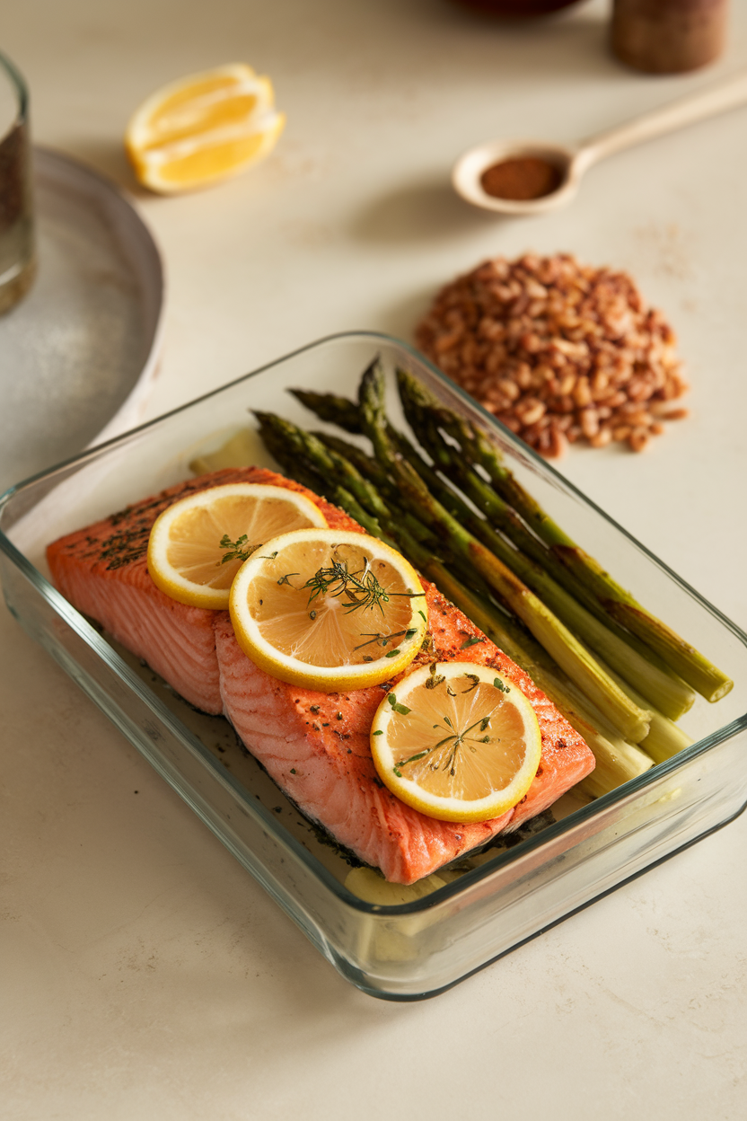 An indoor photo of a rectangular glass container holding cooked salmon fillet topped with lemon slices and herbs, next to a scoop of farro and roasted asparagus, softly lit. No text or logos.