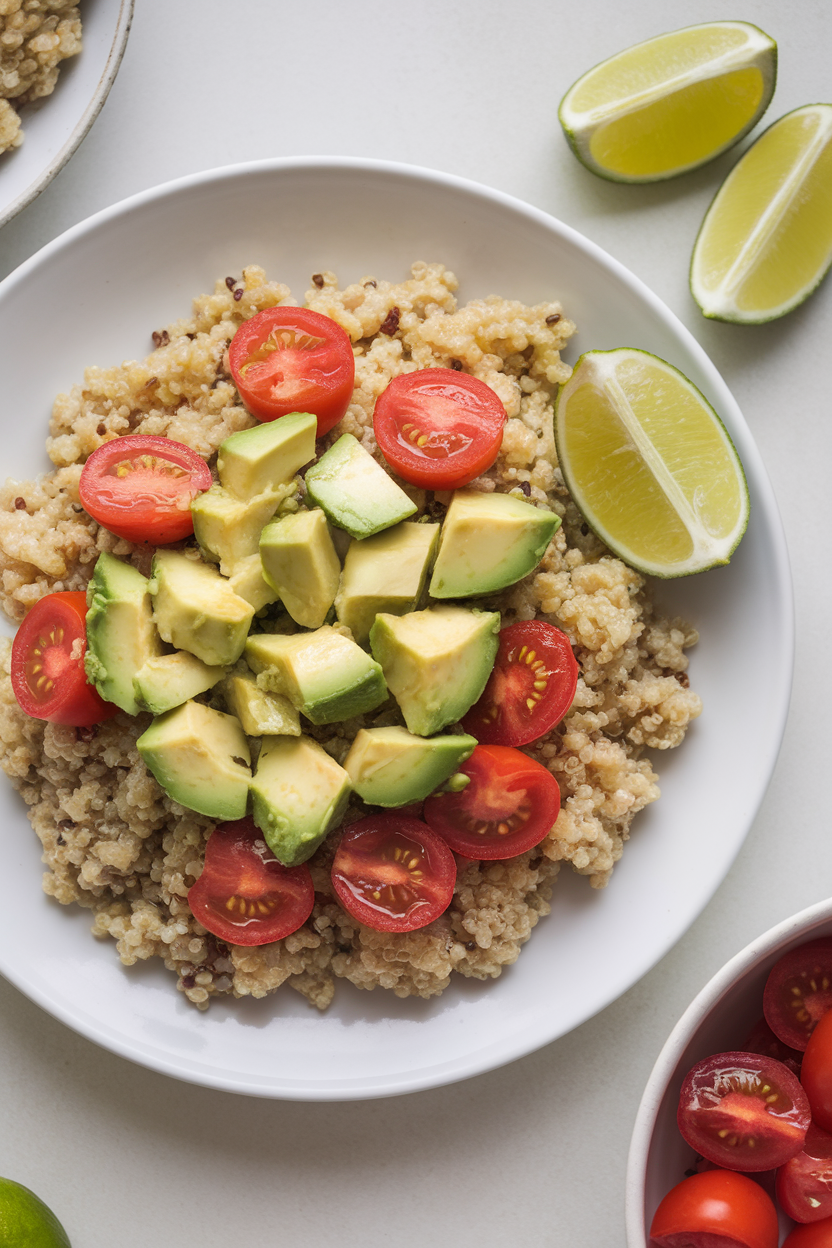 Overhead indoor photo of diced avocado and halved cherry tomatoes on quinoa, lime wedges on the side; no logos or text.
