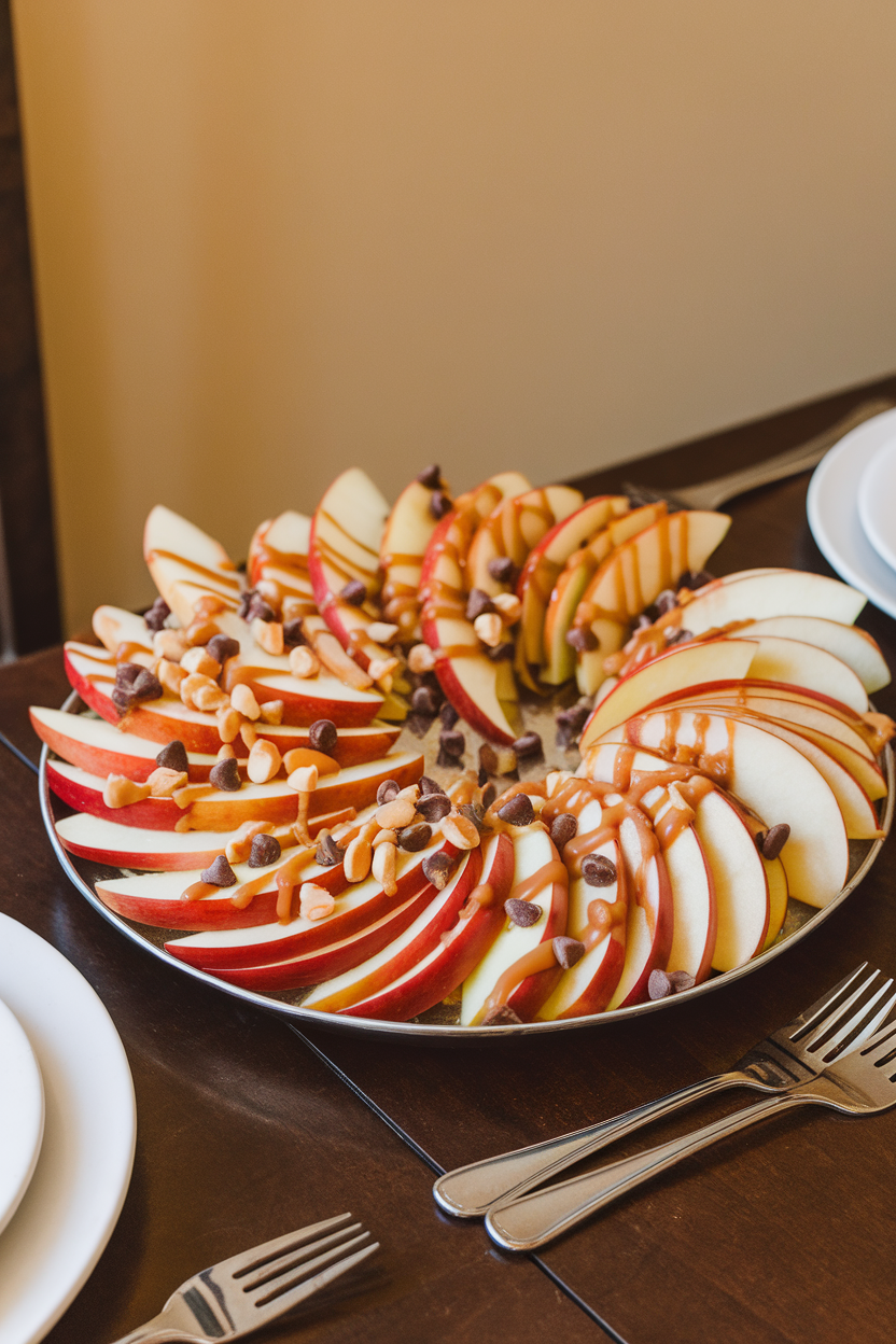 Indoor dining table featuring a platter of thin apple slices arranged like nacho chips, drizzled with warm caramel, sprinkled with chopped peanuts, and mini chocolate chips. No text or logos. Photo only.