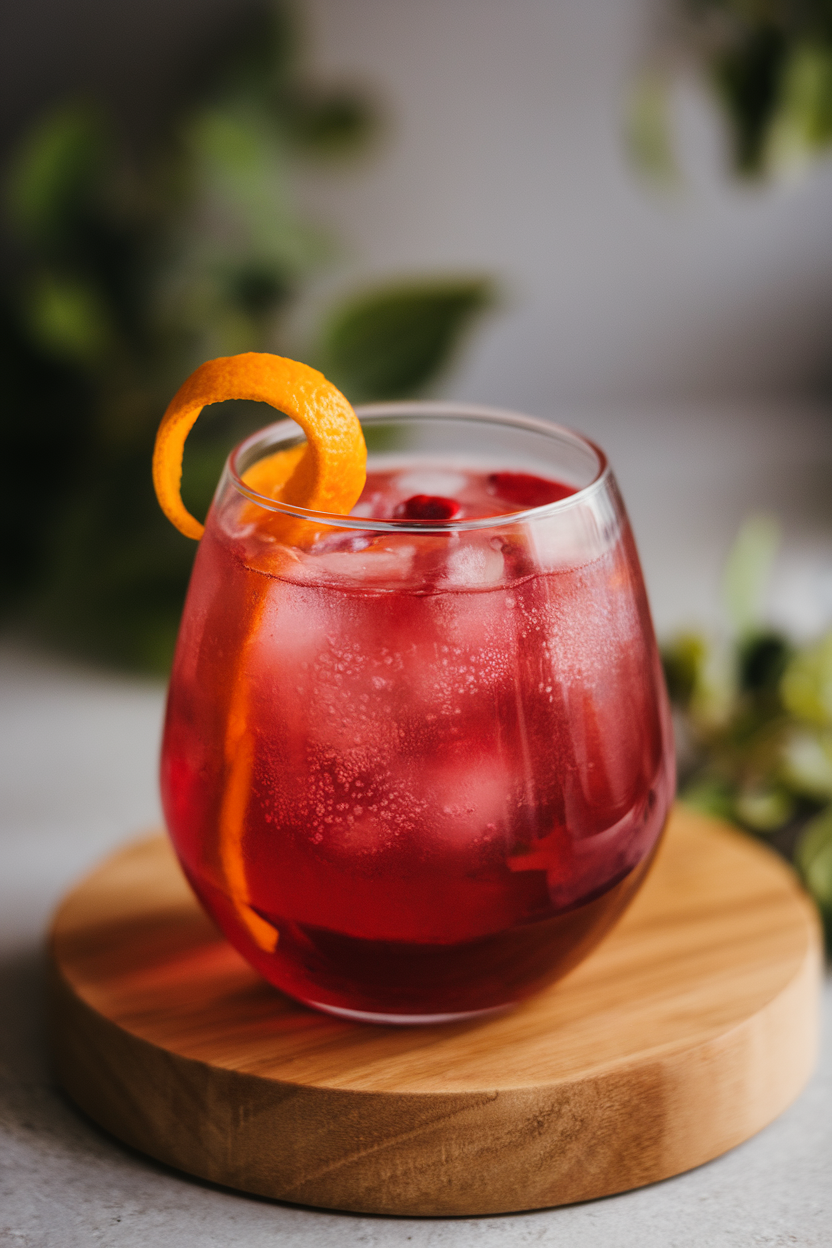 Indoor photo of a ruby-red cranberry-orange spritzer in a stemless glass, garnished with a twisted orange peel. No text or logos.