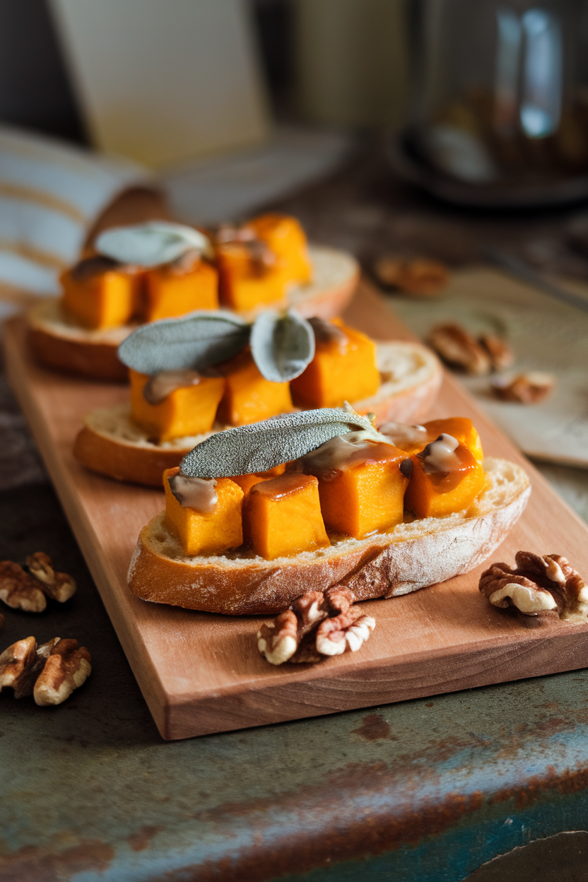 An indoor walnut board with baguette slices topped with caramelized pumpkin cubes, fried sage leaves, and a drizzle of brown butter. No text or logos. Photo, not illustration.