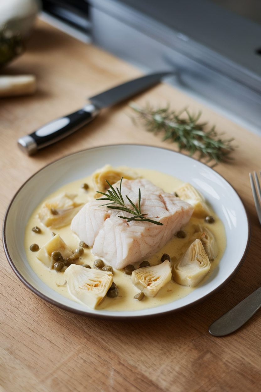 Indoor plate of cod fillet nestled among artichoke hearts and capers in a pale cream sauce. No text or logos.