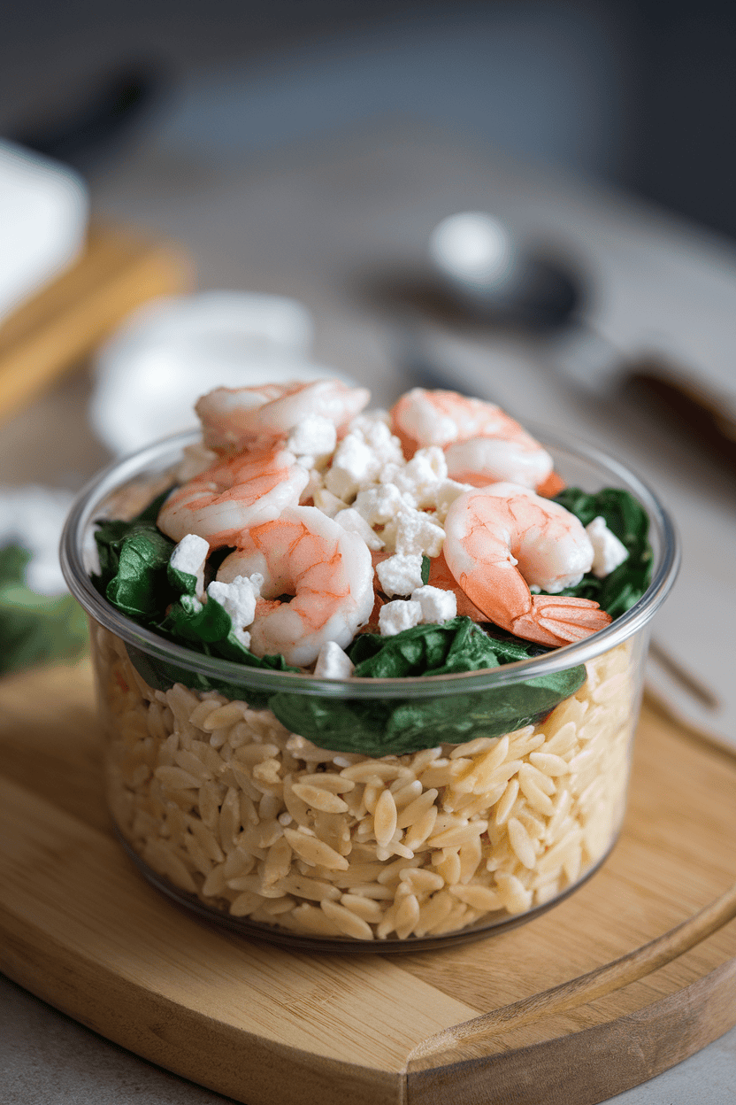 Indoor close-up of a container filled with cooked orzo pasta, pink shrimp, wilted spinach, and feta crumbles under soft light. No logos.