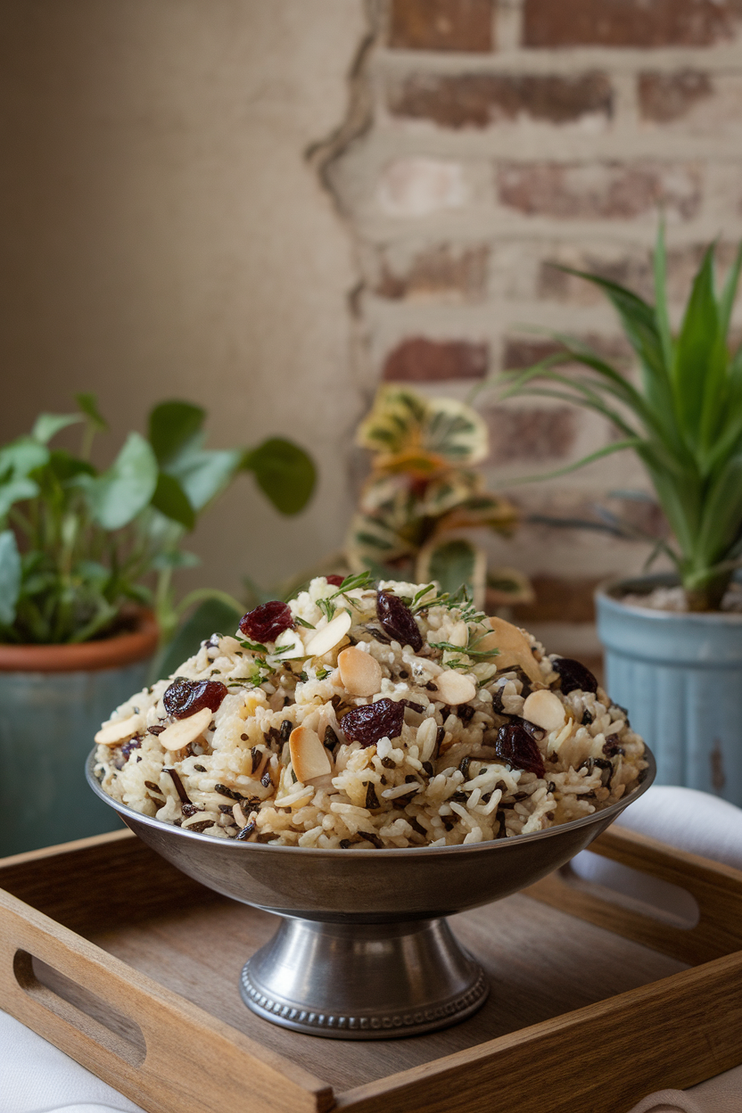Indoor serving bowl filled with fluffy wild rice pilaf dotted with dried cherries, sliced almonds, and herbs. Photo, no text or logos.