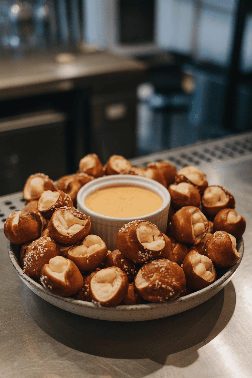 Photo of soft pretzel bites piled in a shallow bowl with a ramekin of warm beer cheese in the center, all on an indoor bar-style counter. No text or logos appear.