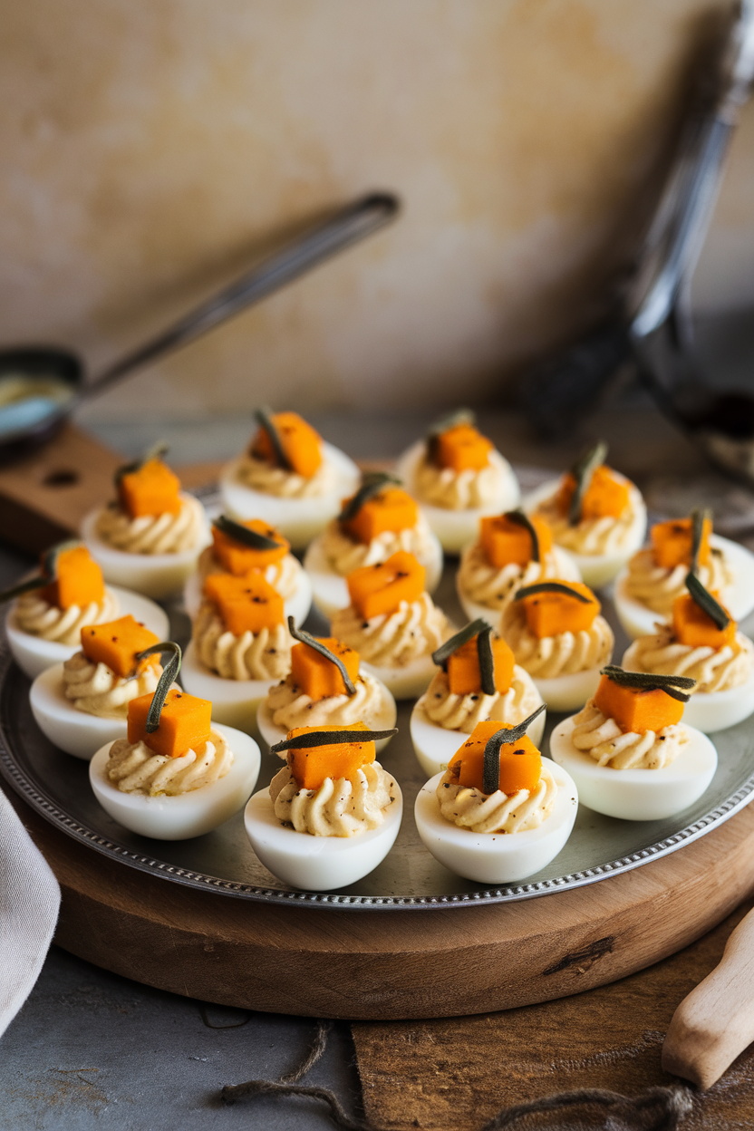 Photo of an indoor platter of deviled eggs topped with tiny roasted squash cubes and sage ribbons; no text or logos