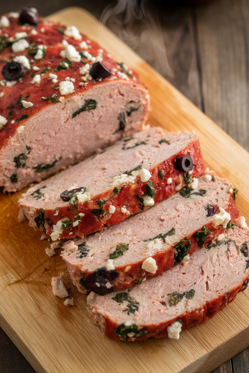 An indoor cutting board with sliced turkey meatloaf showing flecks of spinach, olives, and feta inside, steam rising. No logos; photography only.