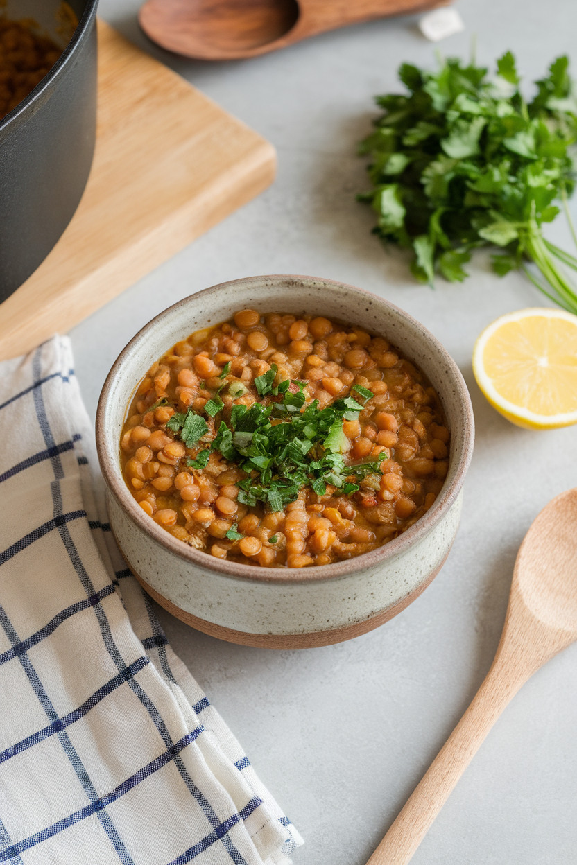 An indoor kitchen counter with a ceramic bowl of hearty lentil soup topped with chopped parsley and a lemon wedge on the side. No text or logos; photo only.