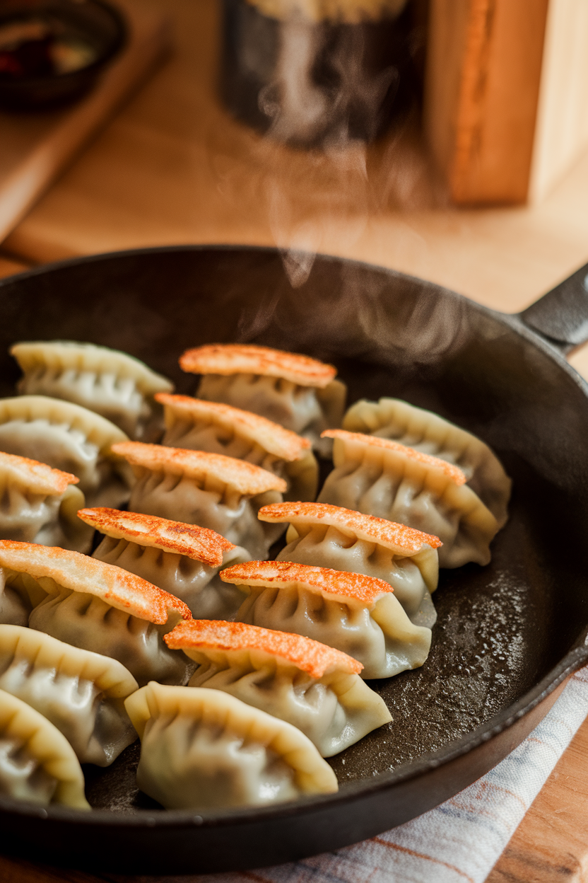 An indoor nonstick skillet with rows of potstickers, crispy golden bottoms visible as a few are flipped, steam wafting upward. No text or logos. Photo, not illustration.