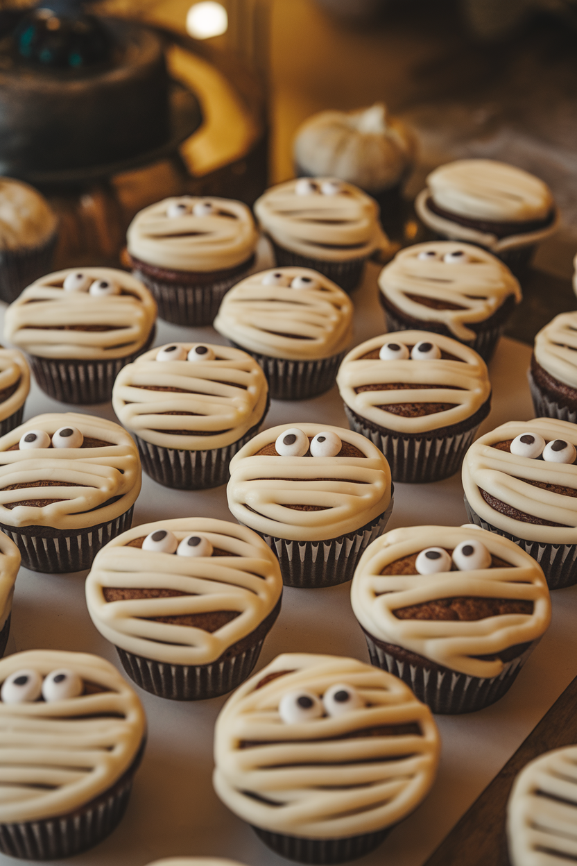 Warm indoor scene with banana nut cupcakes wrapped in thin vanilla frosting bands to resemble mummies, small candy eyes peeking out, no text or logos.