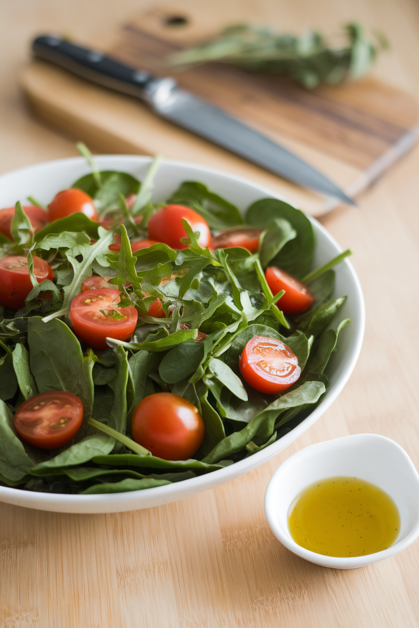 Indoor photo of a vibrant spinach and arugula salad in a white bowl with cherry tomatoes and olive oil vinaigrette; no text or logos